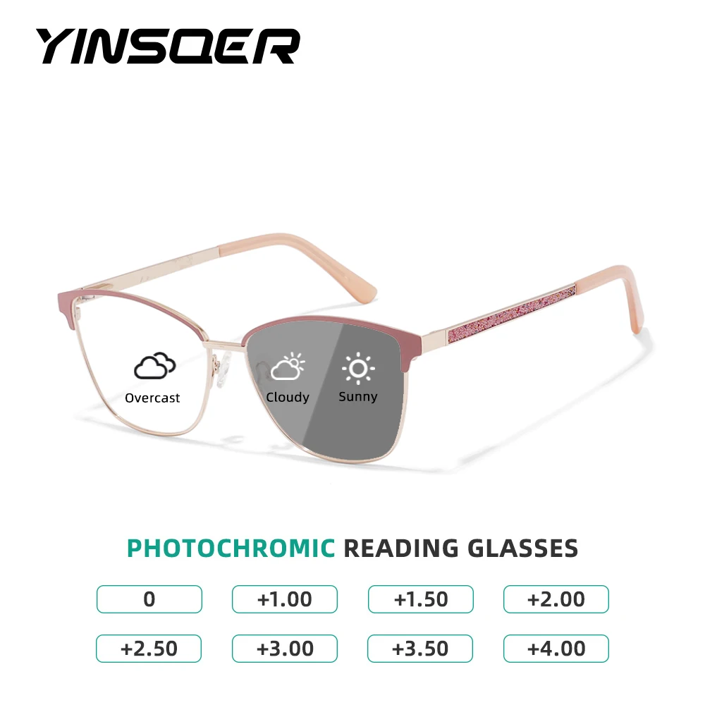 

YINSQER Women's Crystal Beaded Cat-Eye Reading Glasses Metal Frame Custom Diopters Photochromic Lenses UV Protection Best Seller