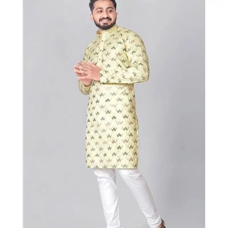 2025 Uomo Stampa digitale Kurta Vardha Regular Fit Colletto alla coreana Lungo Adatto a tutte le occasioni Such Wedding Hari Raya Aidilfitri