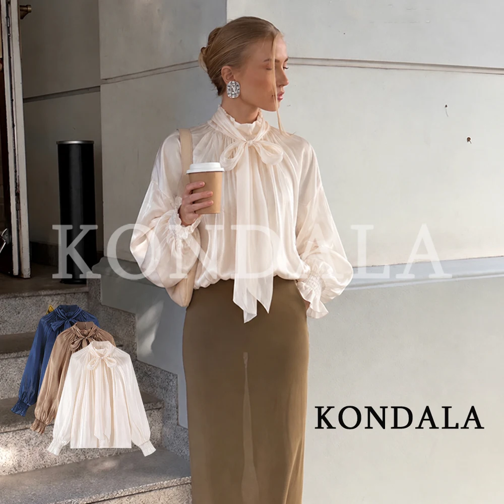 KONDALA Women Elegant Bright Satin Bow Shirt Romantic Leisure Chic Shirt 2026 Early Fall Trendy High Street Dinner Dating Shirts