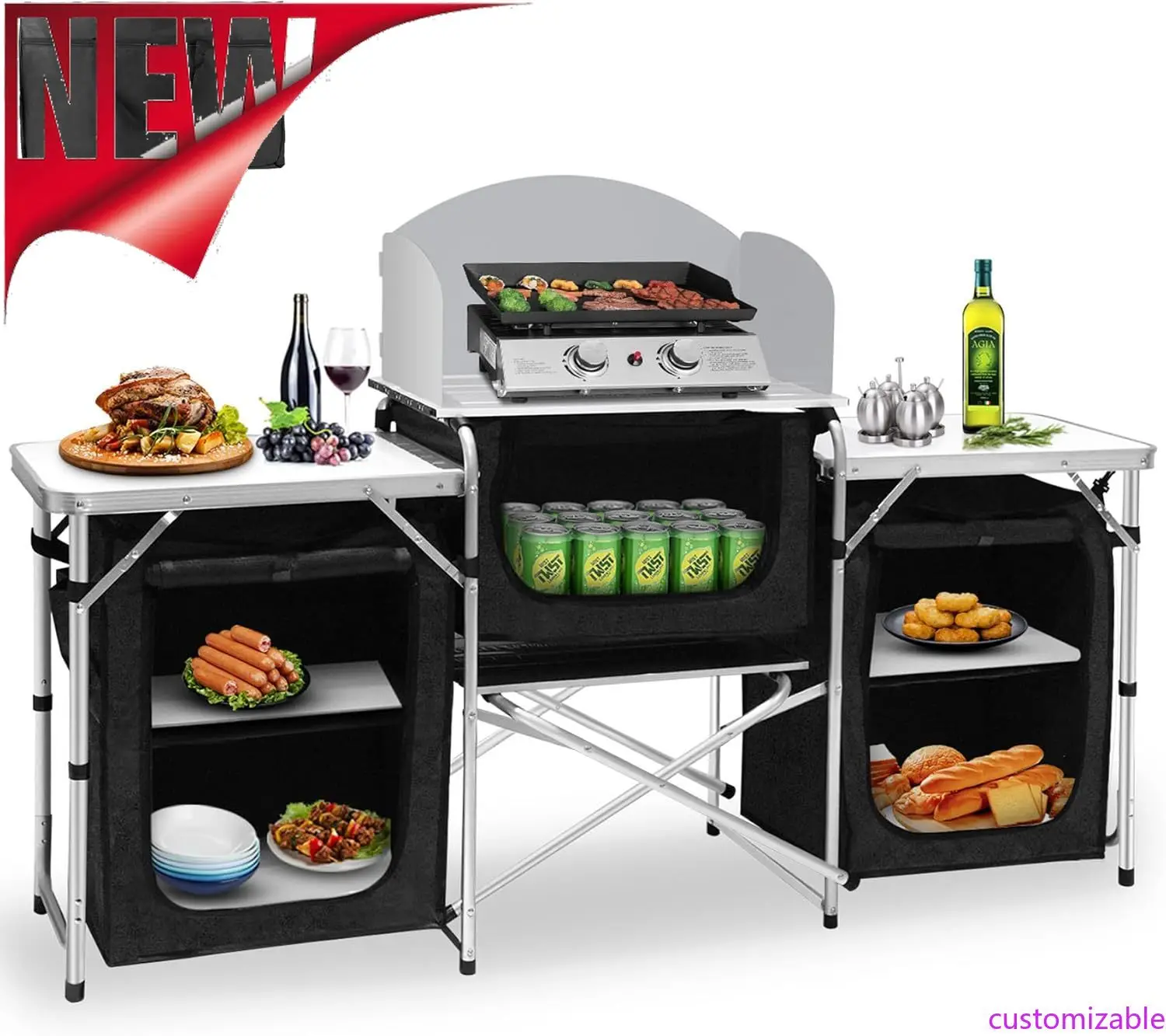 

Customizable-Camping Kitchen Table, Aluminum Portable Outdoor Cooking Table Foldable Camp Table With Windscreen And 3 Storage Cu