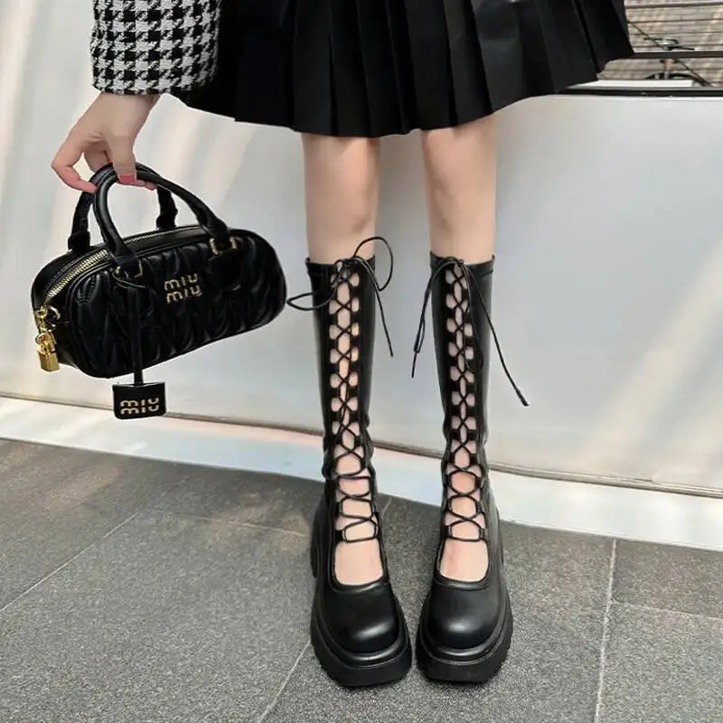 

Lace Up Knee High Boots Women's PU Leather Thin For Spring Summer Autumn Petite Thick Soled Stretch