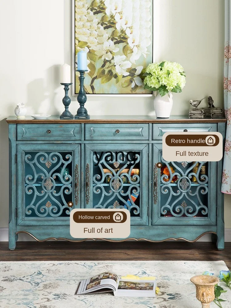 LMM Entrance Cabinet Mediterranean Style Storage Side Cabinet Solid Wood Retro Integrated Sideboard Cabinet