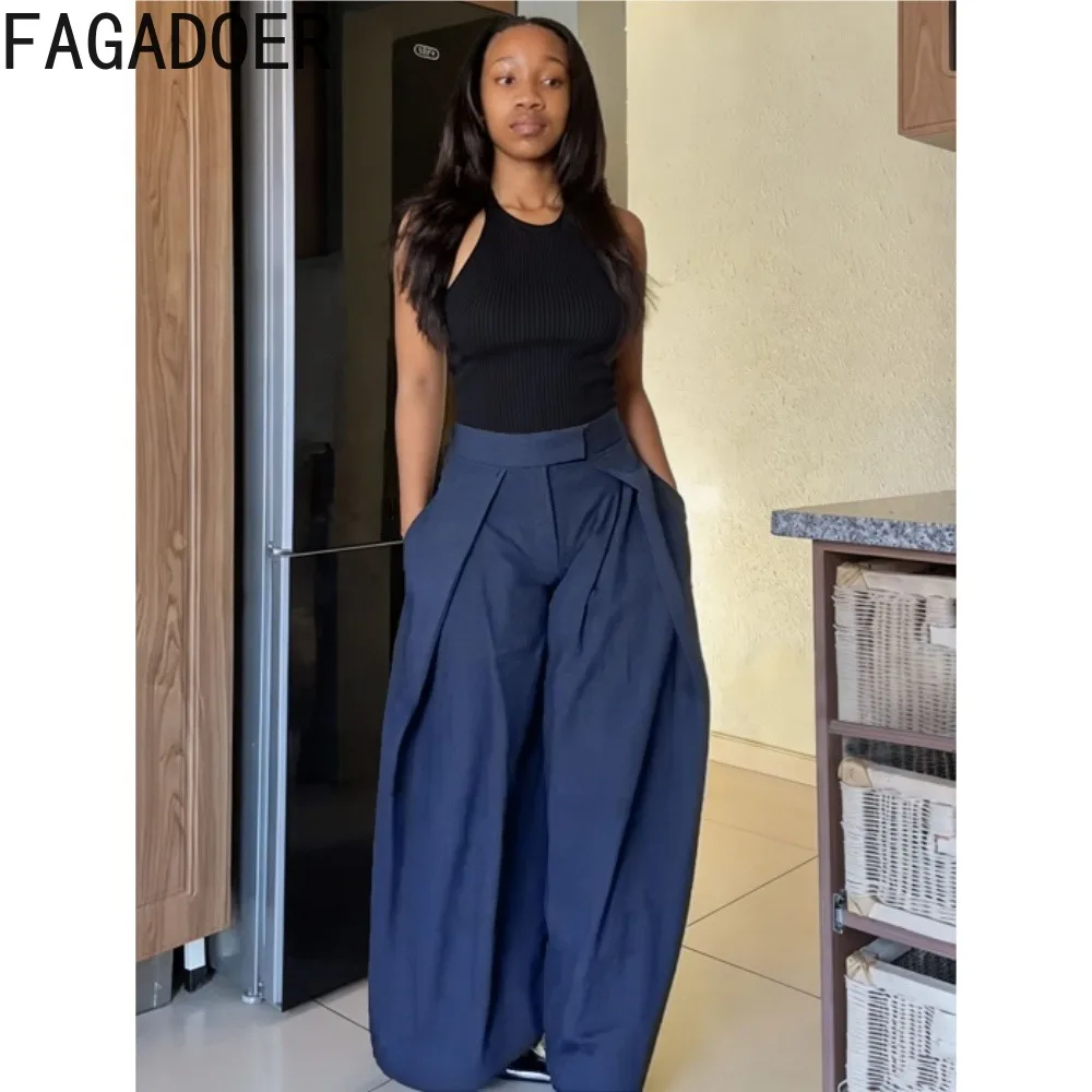 FAGADOER Casual Pleated Wide-leg Pants Chic Solid Color Loose-fitting Long Pants Office Lady Elegant Commute Draping Trousers