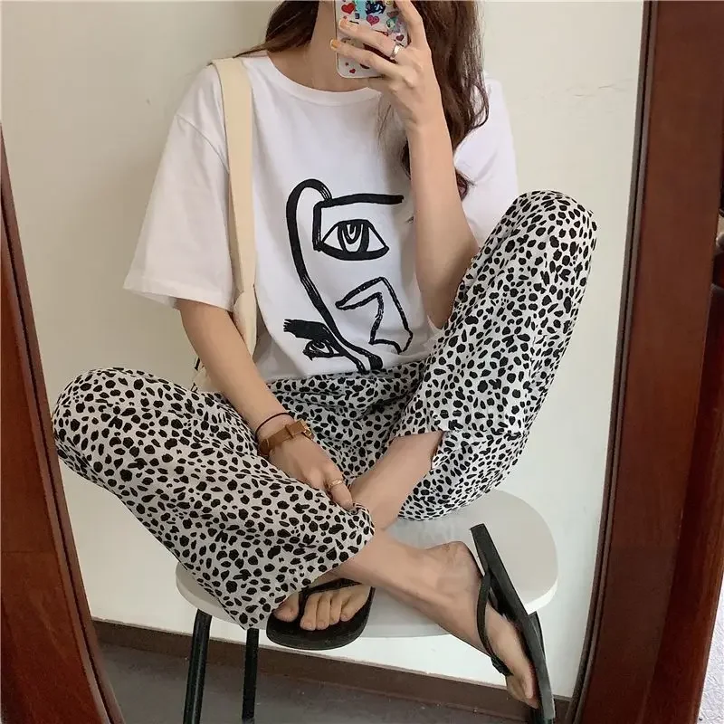 

Leopard Pajamas Pants for Women Sleep Sleepwear Korean Style Summer Ankle Length Bottoms Home Elastic Waist Room Sleeping Wear