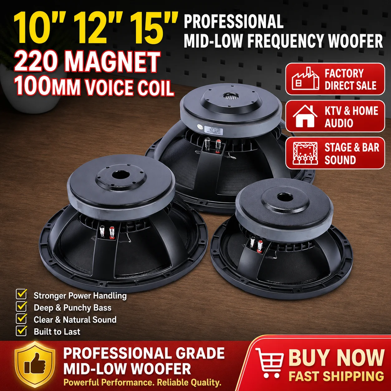 Professional Mid Bass Woofer 10/12/15 Inch, 170/190/220 Magnet 65/75/100 Core Driver for KTV Stage Bar Subwoofer Repair DIY