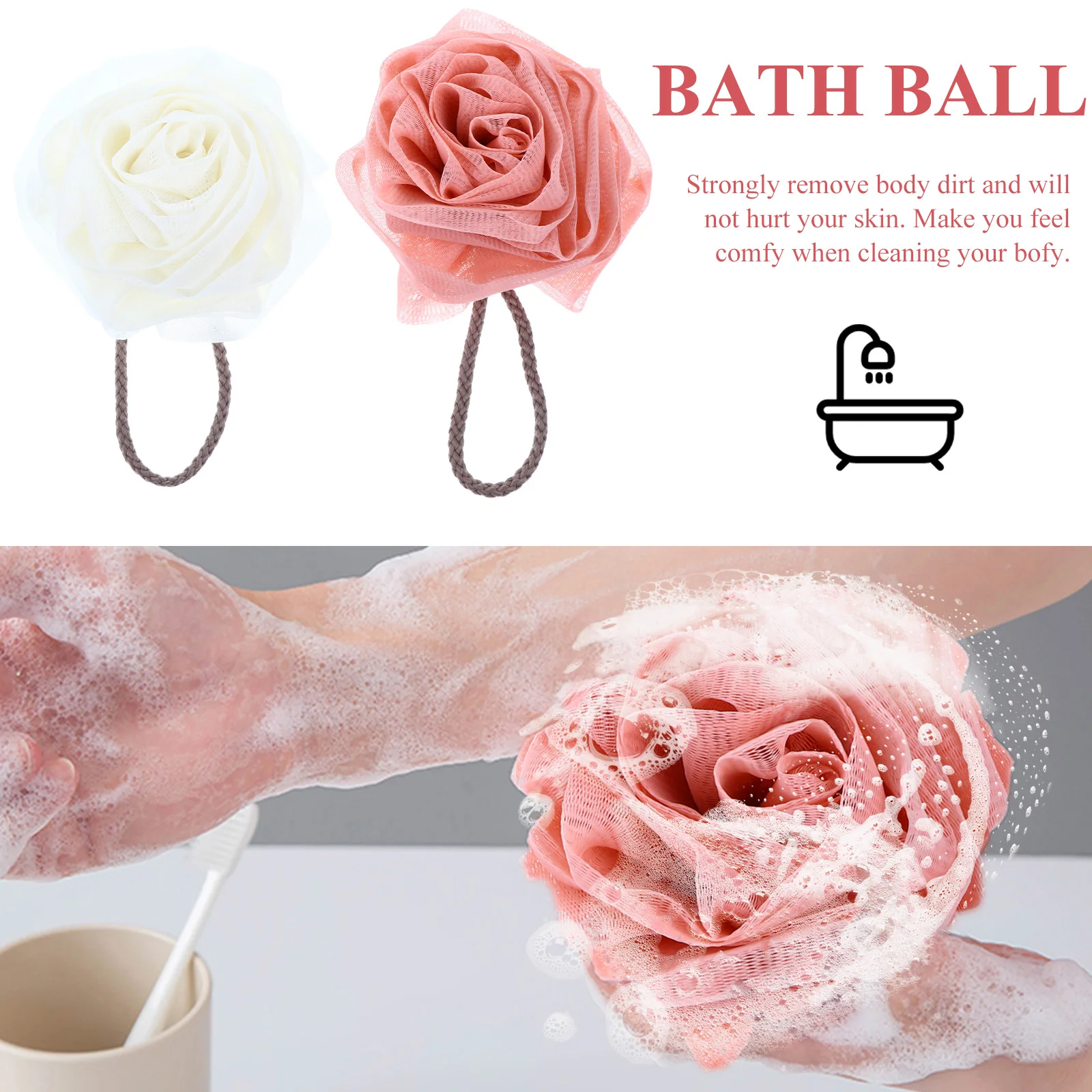 

2 pcs Rose Shape Mesh Bath Ball Exfoliating Shower Sponge Fast Drying Foaming Scrubber For Sensitive Skin Bath Loofah Ball