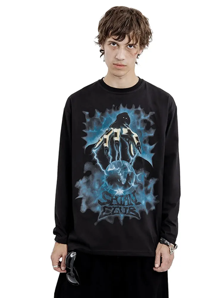 Women T-Shirt Satan Club 100% Cotton Long Sleeve Tops Graphic Goth Oversized Y2k Streetwear Autumn Korean Fashion Tees Clothing