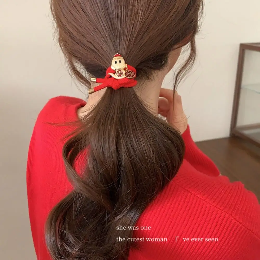 Cute Red New Year Hair Rope Rhinestone 2025 Snake Year Hair Ring Hair Accessories Rubber Band Chinese Style Bracelet Girls