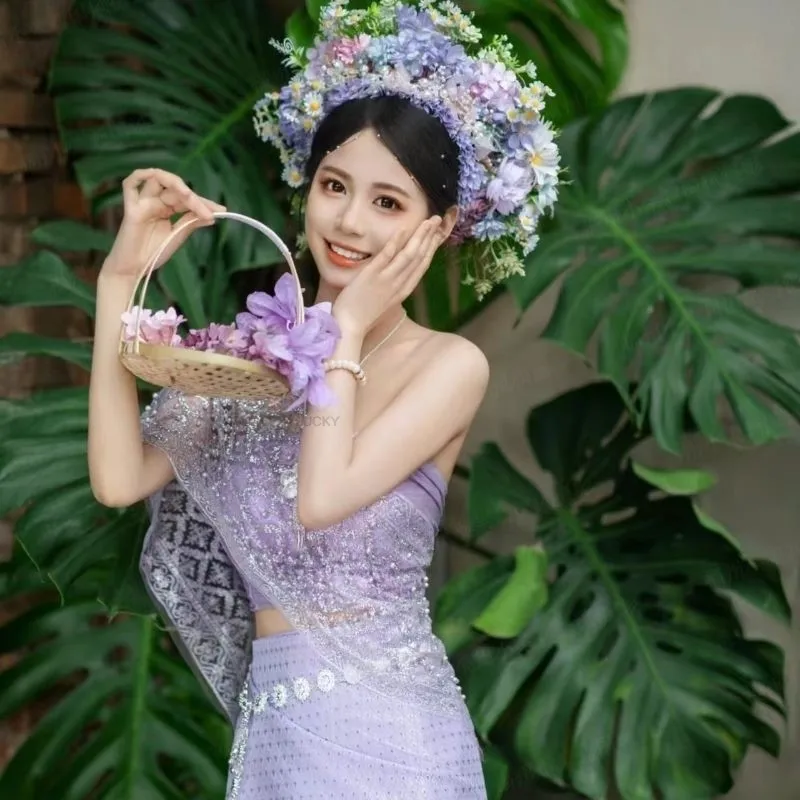 Thailand Vintage Traditional Festival Clothing Dance Dress Set Thai Women Festival Sexy Vacation Purple Photography Dress view 4