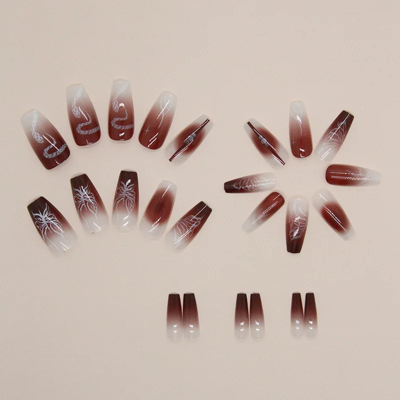 Imprensa longa em unhas postiças com encantos, Borgonha, Marrom, Gradiente, Borboleta, Ballet Design, Cobertura completa, Caixão, Manicure, 24pcs