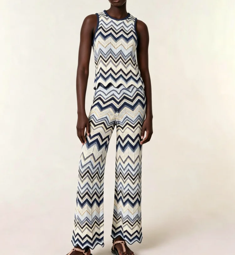 High Quality-Version Color Block Wave Pattern Sexy Thin Casual Knitted Long Pants + Vest Ice Silk Two-Piece Set for Women