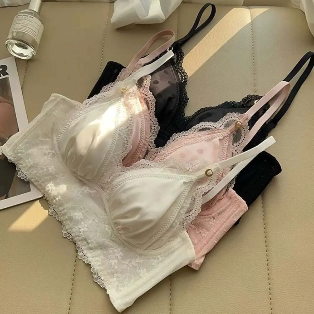 

Close Fitting Dots Wireless Deep V Bra Push Up Shockproof Satin Silk Bras Anti-sagging Lingerie Lace Bra Women Summer