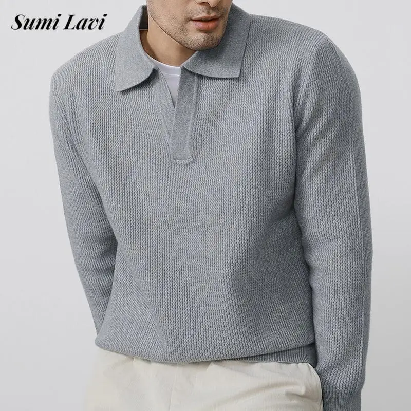 

2024, весенне-осенние новые повседневные вязаные рубашки поло, мужские модные вязаные свитера с длинными рукавами и лацканами, мужские винтажные вязаные джемперы