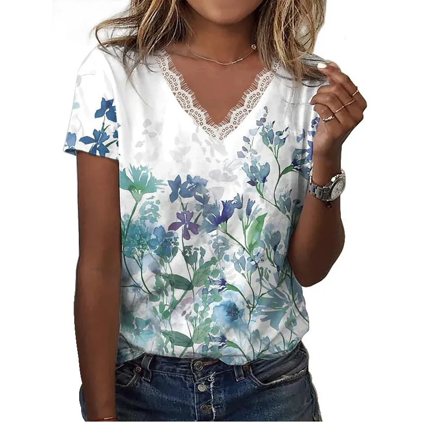 Camiseta informal holgada con estampado de encaje V-Ne para mujer, camiseta de corte holgado con flores y plantas, otros materiales, primavera 2023