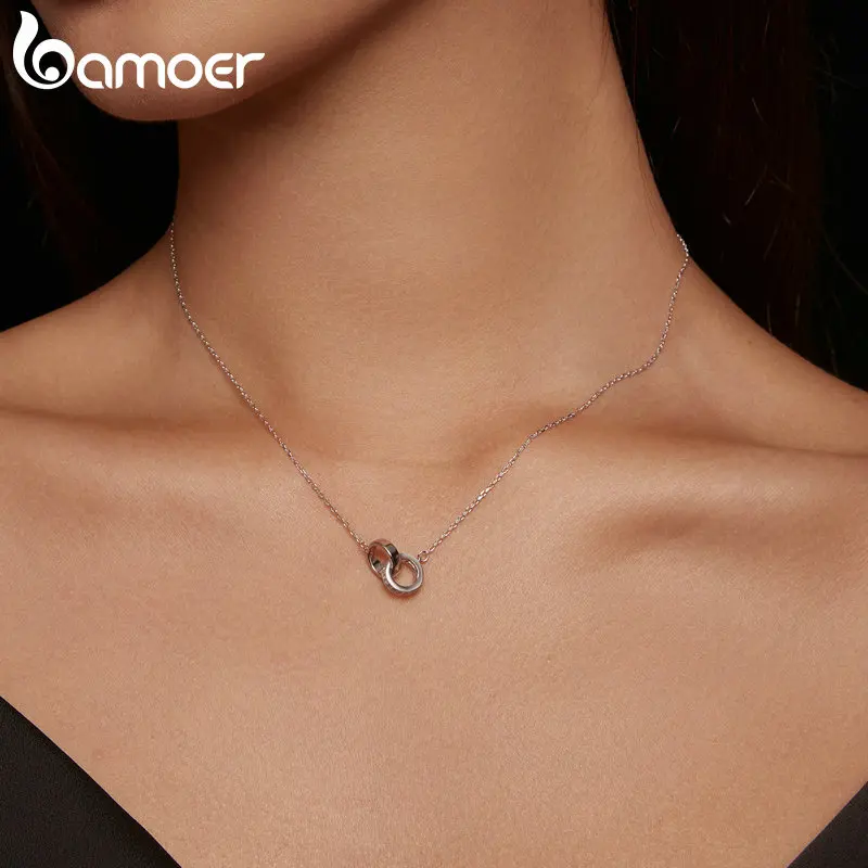 Bamoer 925 Sterling Silver Double Circle Interlock Pendant Necklace Double Ring Collarbone Neck Chain for Women Jewelry BSN295