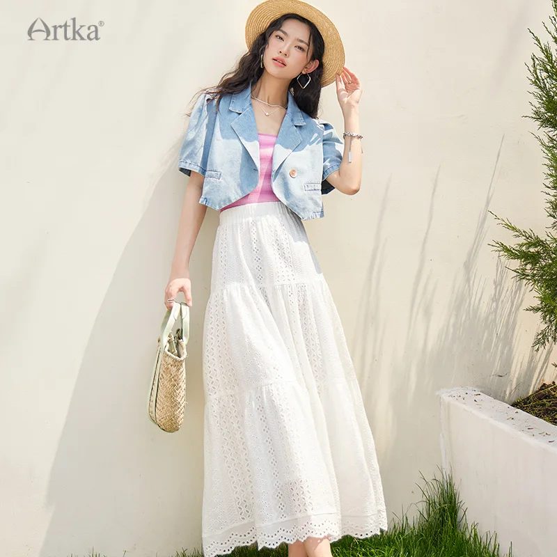 ARTKA 2025 Summer New 100% Cotton Fashion Elastic High Waist A-Line Skirts Embroidery Hollowed Out White Long Skirt QA92037X