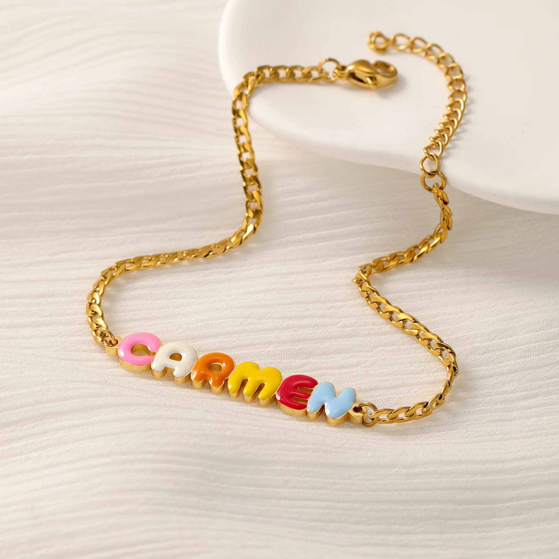 

Custom Bubble Letter Name Bracelet Personalized Colorful Alphabet Charm Plated Jewelry Unique Statement Name Bracelets