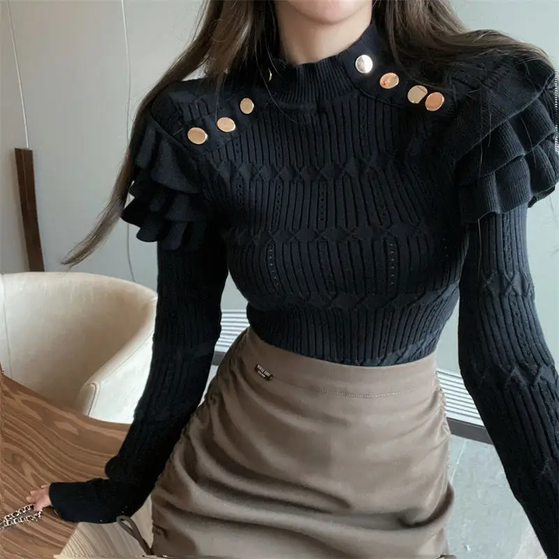 Women Trendy Vintage Ruffle Hollow Button Chic Sweet Knitted Sweater Female Elegant White Black Long Sleeve Slim Basic Pullovers