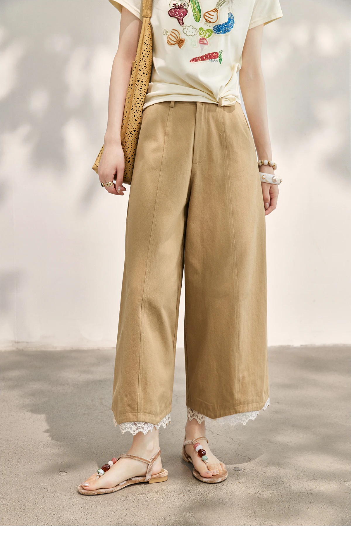 MISHOW Khaki High Waisted Wide Leg Cropped Pants For Women 2026 Summer Lace Trimmed Hem Retro Casual Loose Pants MXF24K1294
