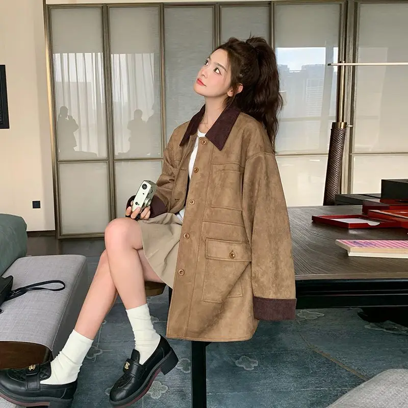 Blouse Coat Trench Coat Women's Spring/Fall Coffee Brown Melange Suede Loose Fit New Arrival Comfortable Minimalist Casual Niche