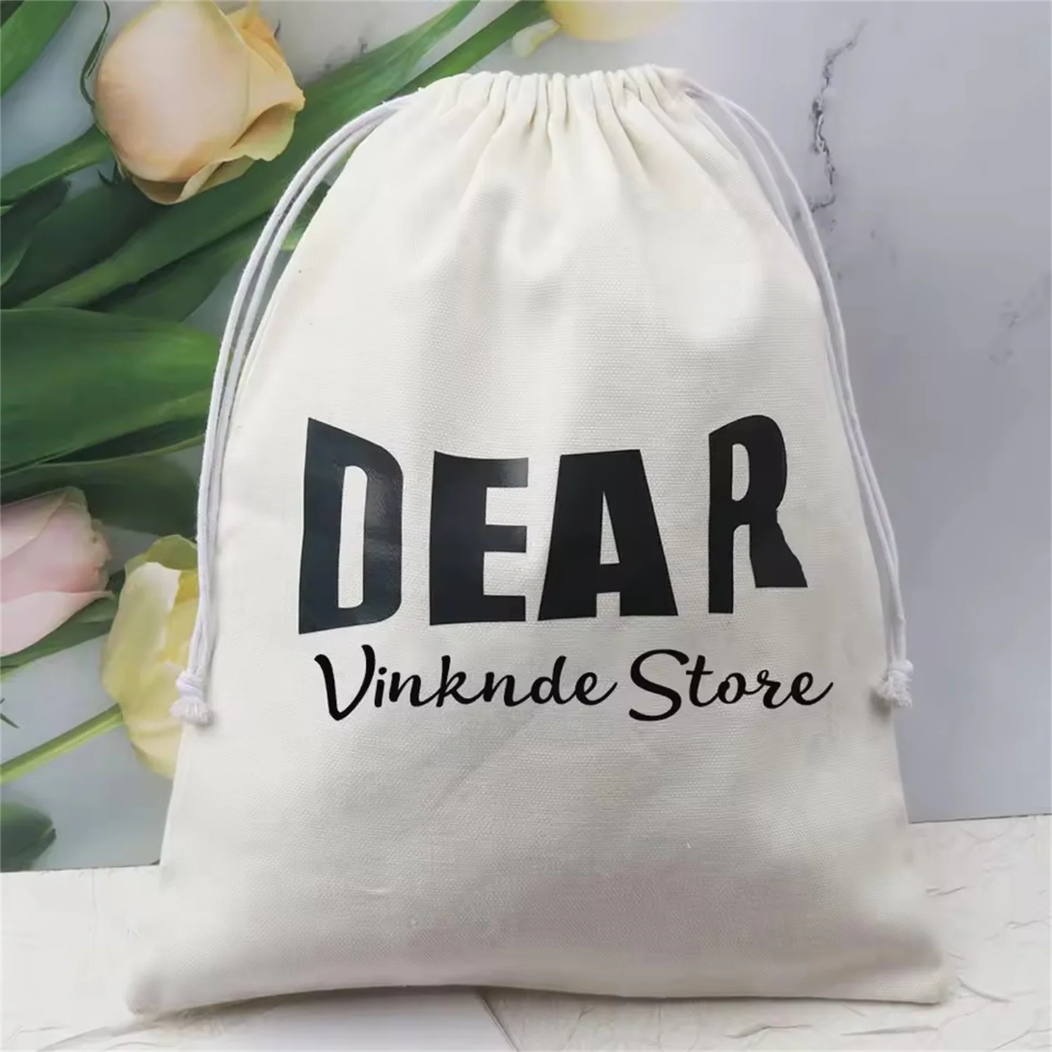 Custom Logo White Beige Canvas Cotton Bags Shoe Handbag Drawstring Organizer Bag Reusable Large Birthday Gift Packaging Pouch