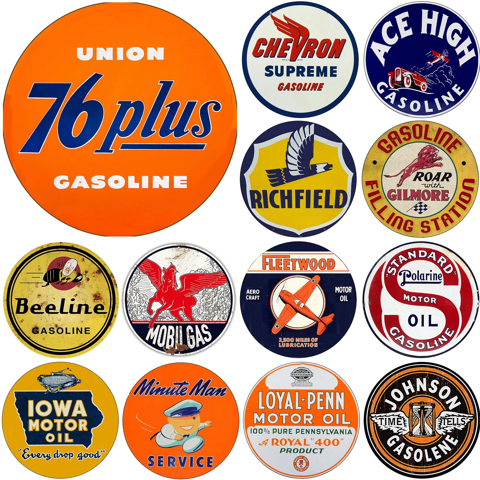 Mobile Esso Red Rose Beeline Motor Oil Gasonline Round Metal Tin Signs Garage Gas Oil Station Bar Cafe Man Cave Retro Wall Decor