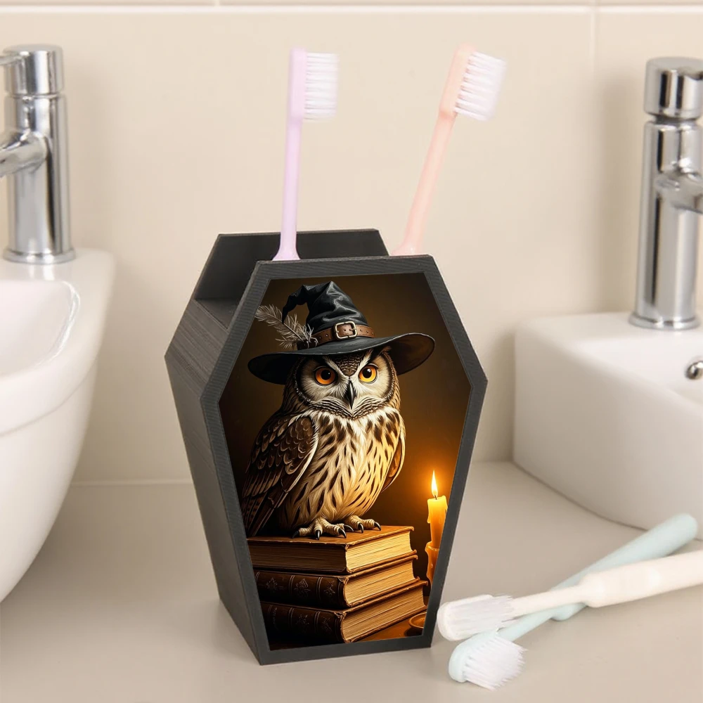 Cross-border Gothic Coffin Shaped Toothbrush Holder With Wizard Owl And Ancient Books Print, Multi-grid Bathroom Vanity Toothpas