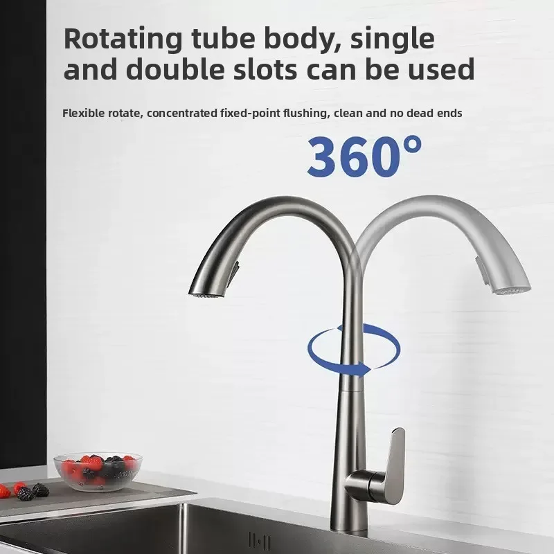 Kitchen Hot and Cold Faucet Pull-Out Stainless Steel Dual Outlet Sink Faucet Mixer Tap 360-Degree Rotatable Kitchen Faucet