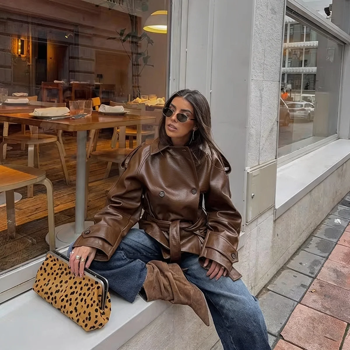 Elegant Women Winter PU Leather Coat Double Breasted Belted Waist Drop Shoulder Short Jacket with Cuff Straps