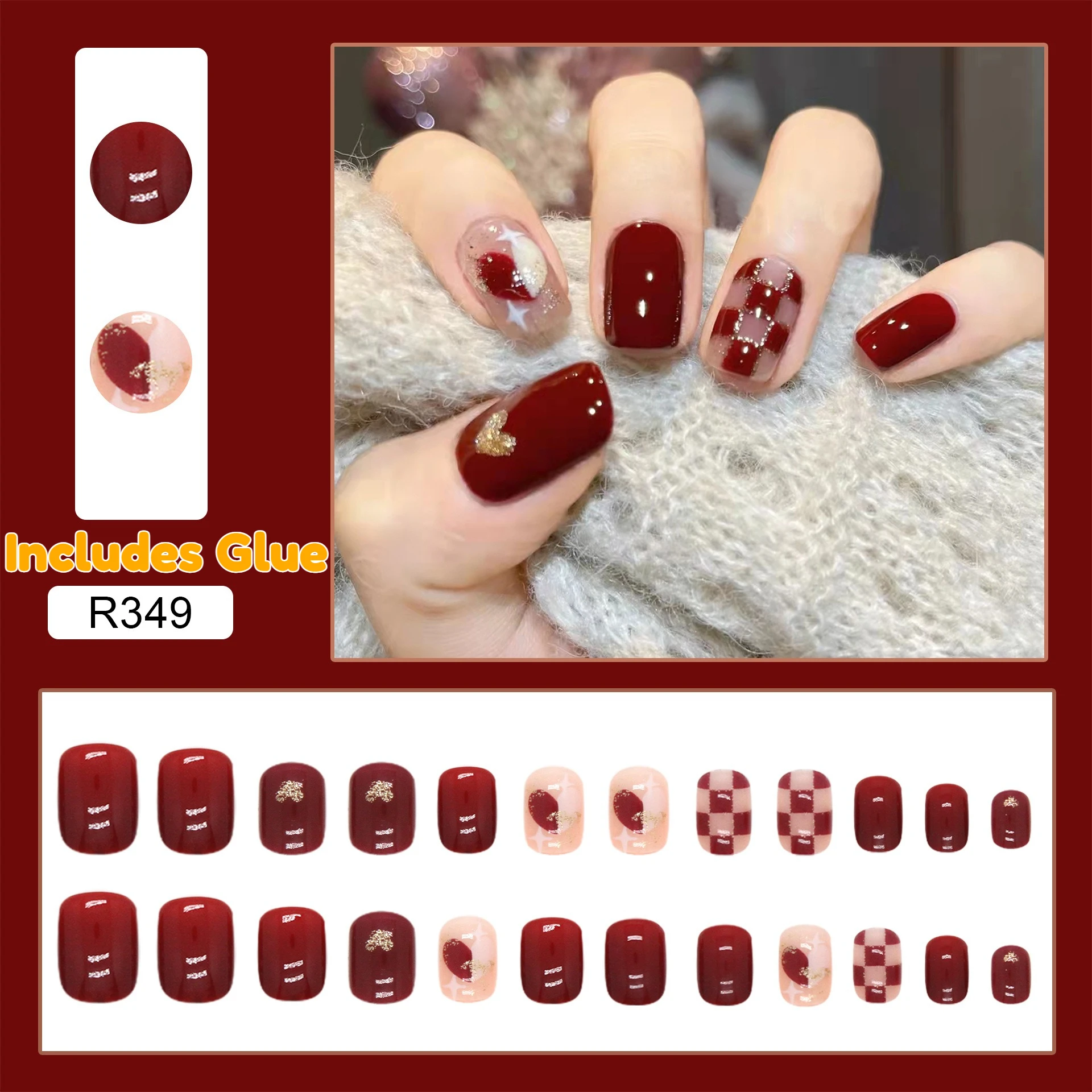 Removable Press-On Nails Maroon Sweetheart Tone-Enhancing Checkerboard Heart Fake Nail Stickers 24pcs Elegant Nail Tips