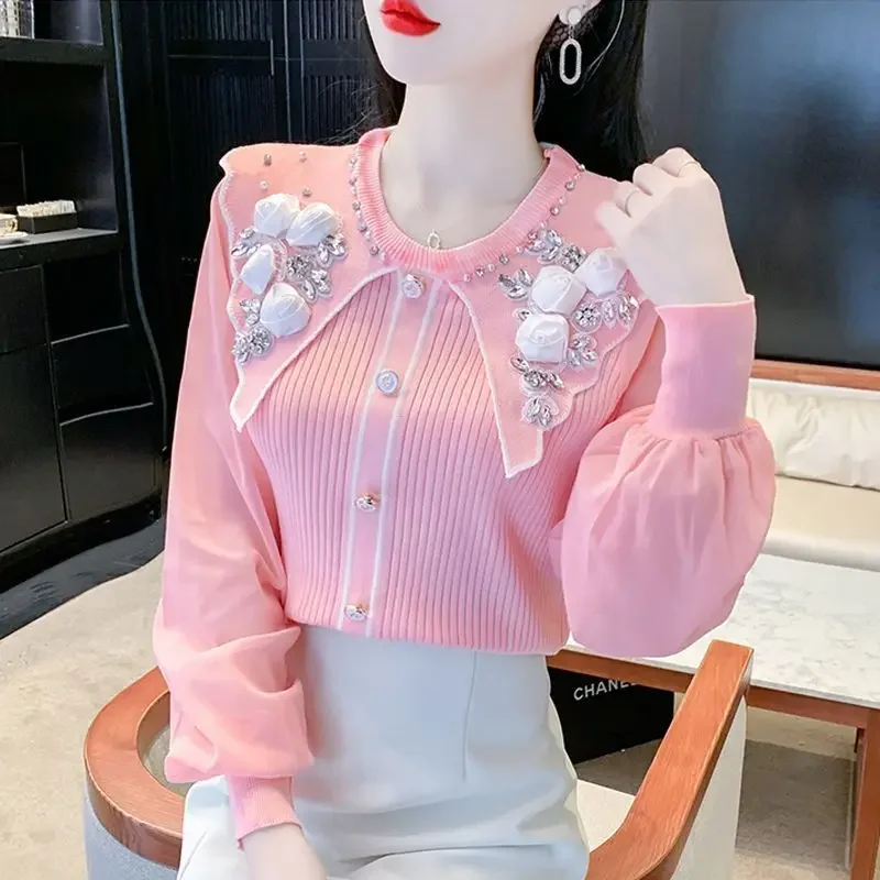 

Chiffon Bubble Sleeve Knitted Shirt New Women's Fashionable and Stylish Women's Doll Neck Top