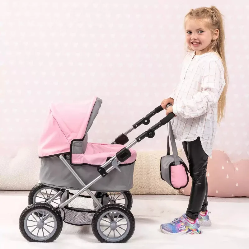 Baby Doll Stroller Foldable Pretend Play Toy Pushchair with Storage Basket Canopy for Girls Toddlers Kids Birthday Gift