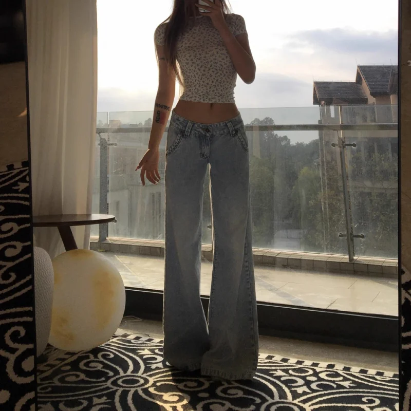 

Сине-белые джинсы Snowflake в американском стиле, суперстильные, ретро, в западном стиле, женские, светло-голубые, с низкой талией, прямого кроя, — это находка!