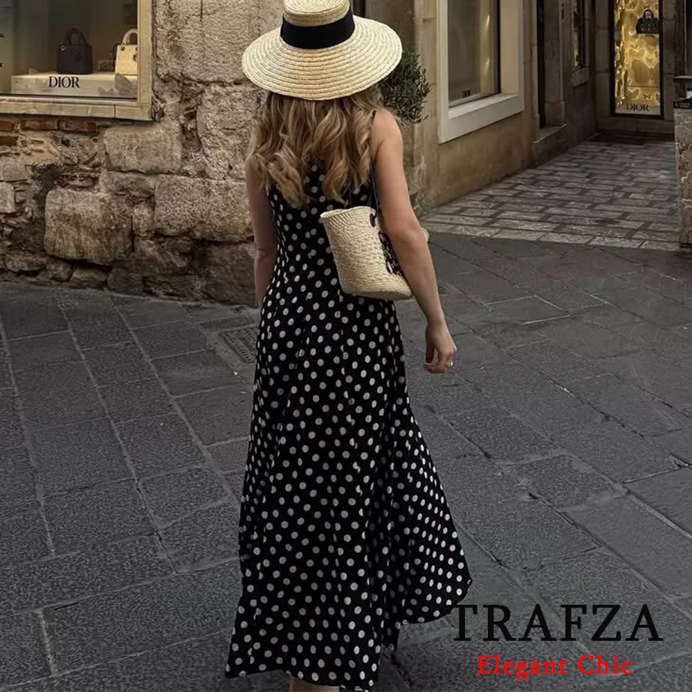 

TRAFZA Elegant Polka Dot Sleeveless Dress Women's Casual Tank O-Neck Long Dress New 2025 Summer Fashion Holiday Date Dress