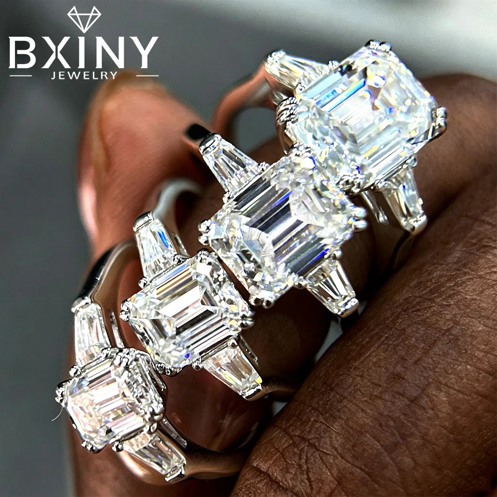BXINY 1/2/3/4CT Emerald Cut Full Moissanite Rings S925 Silver GRA Certified Three Stones Diamond Women Men Wedding Bands Jewelry