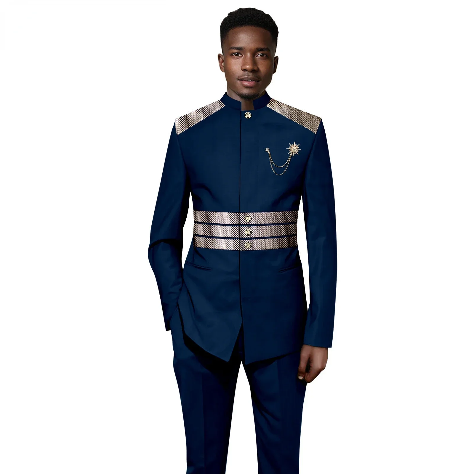 African Design Slim Fit 2 Piece Solid Men Suits For Wedding Groom Tuxedos Formal Suits for Prom Party Best Man Blazer Pants