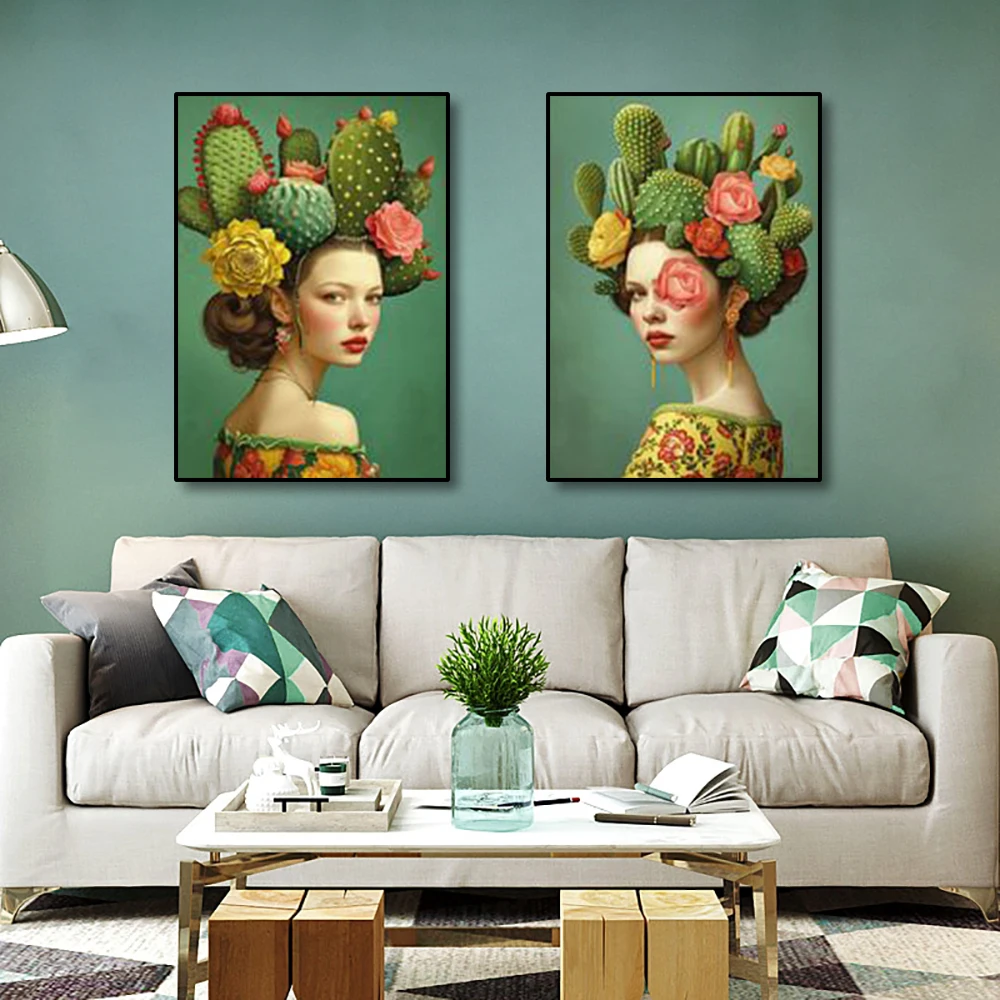 Personaggio creativo testa retrò indossando fiori Cactus donna fiore occhiali verde tela pittura parrucchiere caffetteria arte murale