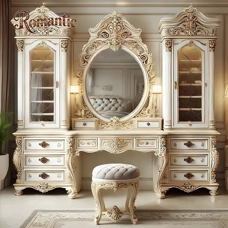 European Classical Solid Wood Storage Dressing Table Adjustable Removable Mirrors Handmade Eco-Friendly Drawers