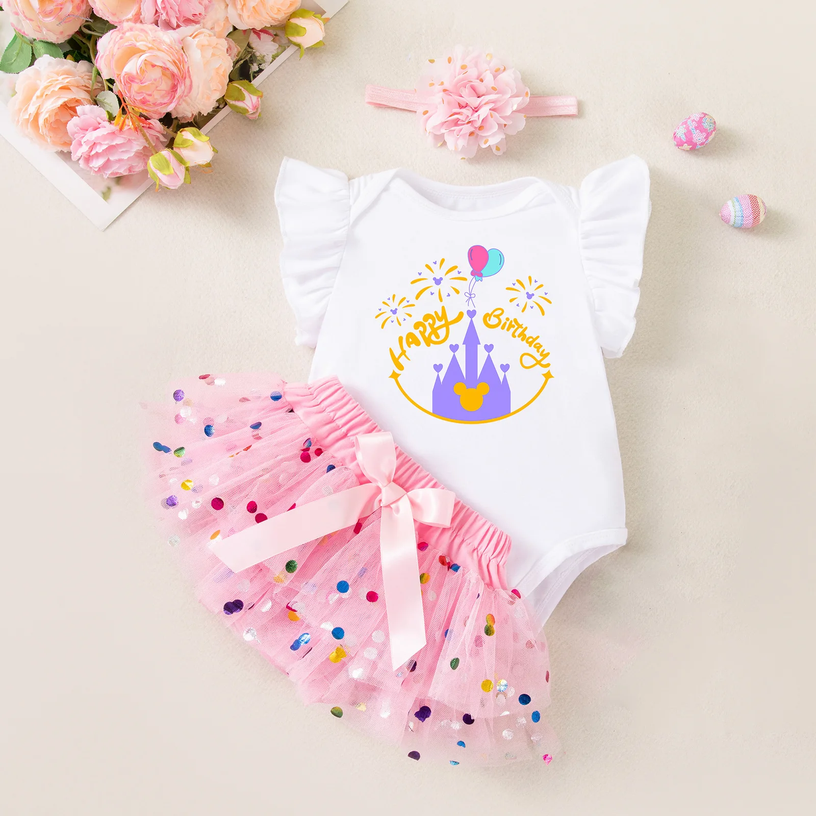 

Sweet First Birthday Outfit Baby Girl White Birthday Jumpsuit Pink Dots Tutu Skirt Flower Headband Legwarmers Party Clothes