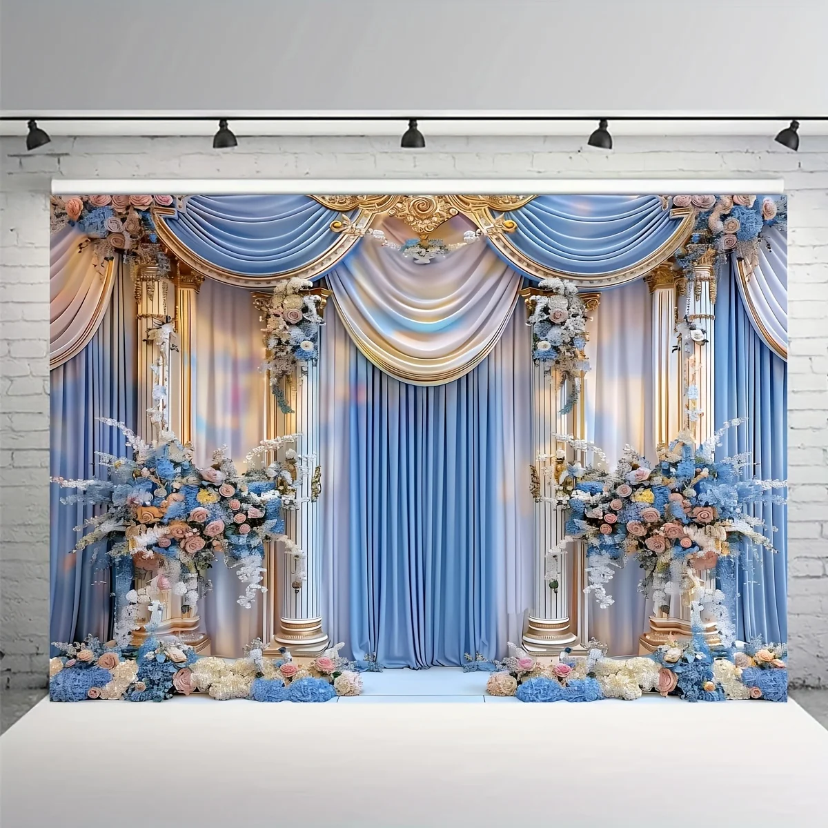 Blue and white fortress palace wedding background with colorful flowers - suitable for engagement party wedding decoration