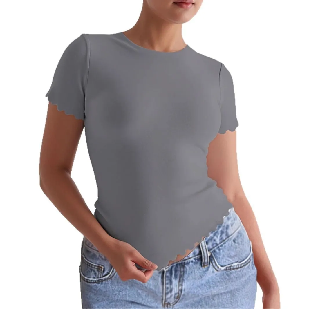 صيف 2025 لون سليم صالح المرأة تي شيرت ort Sve جولة Ne البوليستر النسيج Faionable رداء علوي غير رسمي للشابات