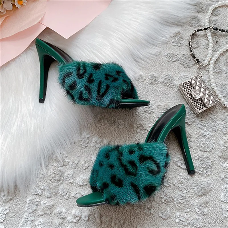 Summer Women's Fur Heels Sexy Fashion Leopard Print Design Peep-toe High-heeled Slippers Luxury Mink Fur High-heeled Slippers