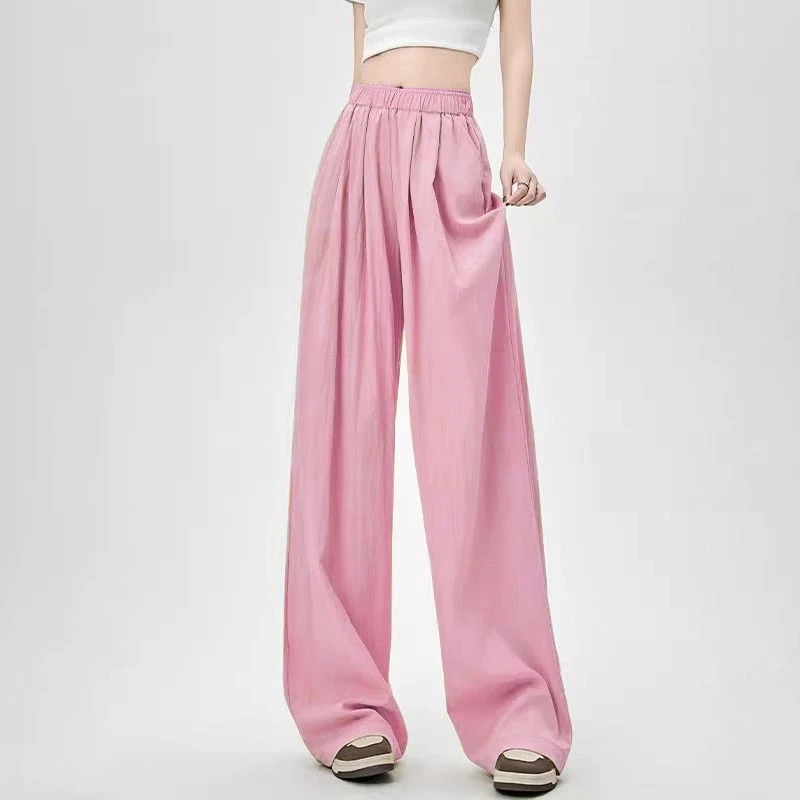 

Spring Summer New Elastic Waist Solid Color Casual Wide Leg Trousers Women High Street Loose Pocket Patchwork Pleated Pants