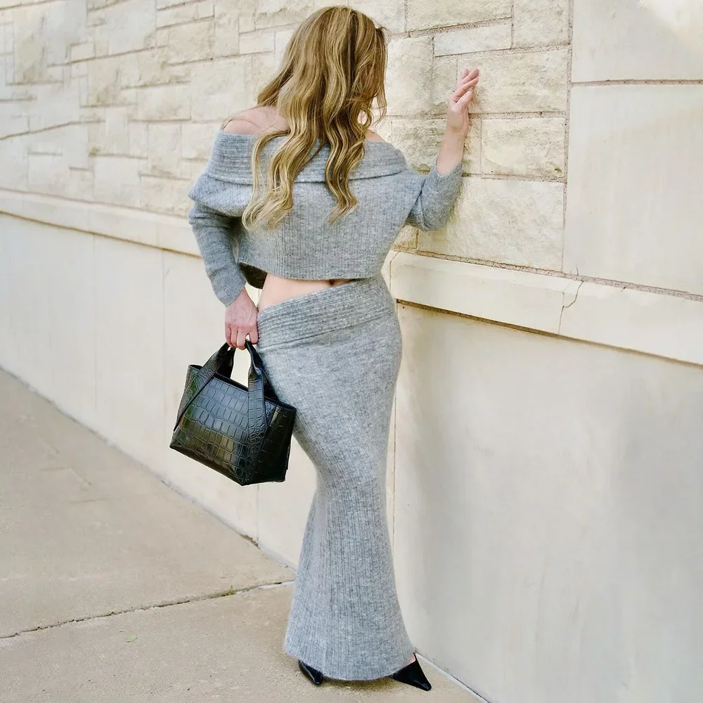 Talenza Knitted Long Skirt 2 Piece Set Women\'s Solid One Shoulder Long Sleeve Sweater Pullover Elegant Slim Knitted Skirt Set