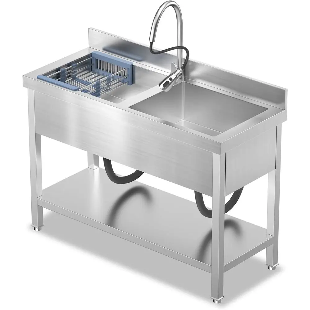 

47Inch 2-Compartment Stainless Steel Utility Sink with Pull-out Faucet, Free Standing Double Bowl Kitchen Sink for Restaurant, G