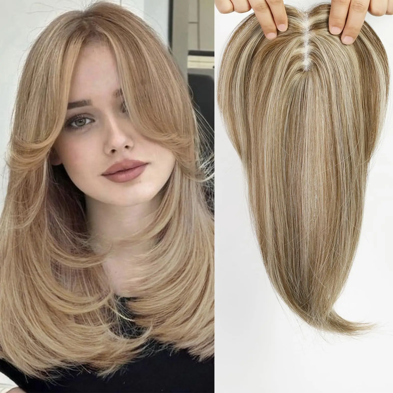女性用ヘアピース-人毛トップピース-レースベース-ミドルパート-フリンジ付き--8x12インチ-14-18インチ-サイズを選んでください