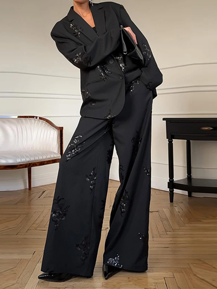 Street Sequined Pants Sets Women Loose Black Lapel Full Sleeve Single Breasted Jacket Wide Leg Pant 2026 Spring Lady Outfits New