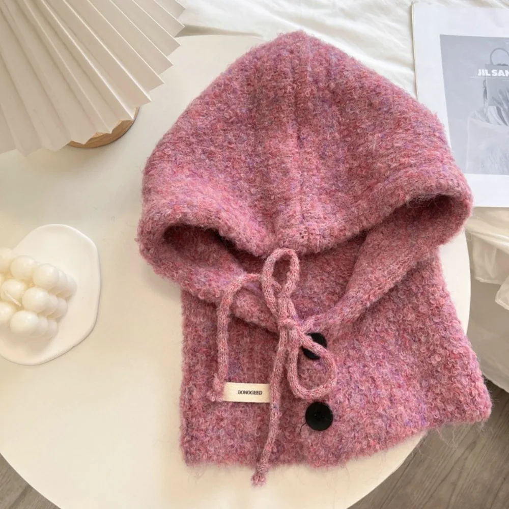 Fashion Thicken Knitted Balaclava Drawstring Soft Winter Hat Windproof Coldproof Warm Neckerchief Hat Women Girl