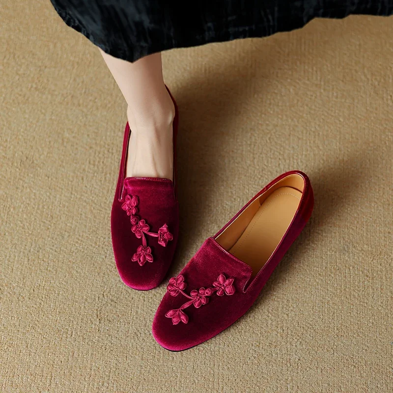 2024 new spring summer women pumps natural leather 22-24.5cm flock+pigskin Pearl Flower Chinese Style Retro Comfort women shoes