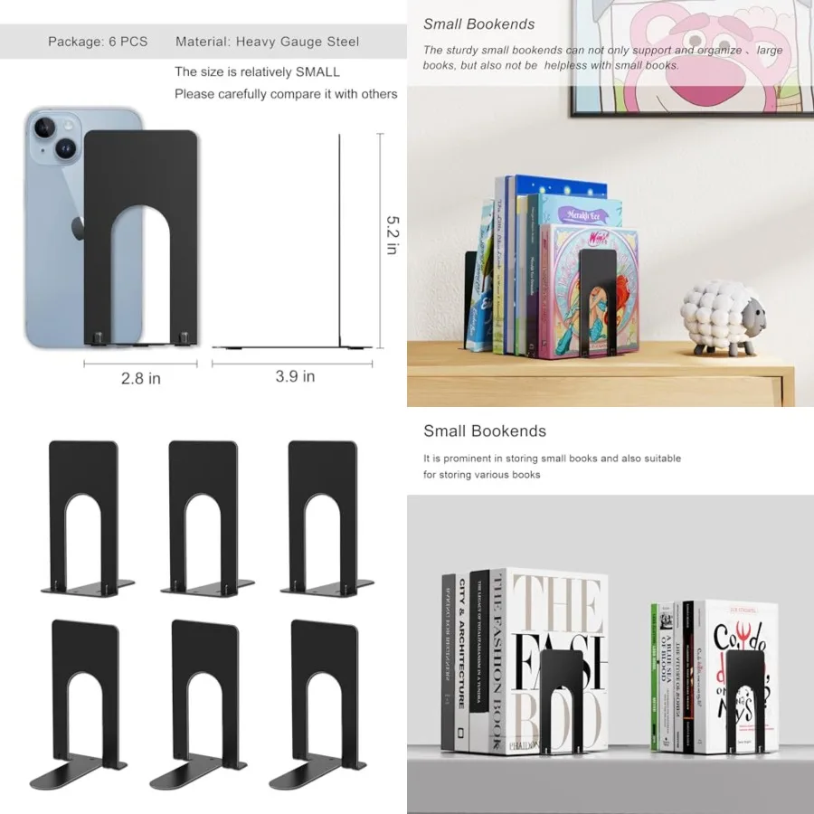 

3 пары маленьких черных металлических книг для полок 3,9 x 2,8 × 5,2 дюйма, прочные держатели для книг для домашнего офиса и учебных столов Preve